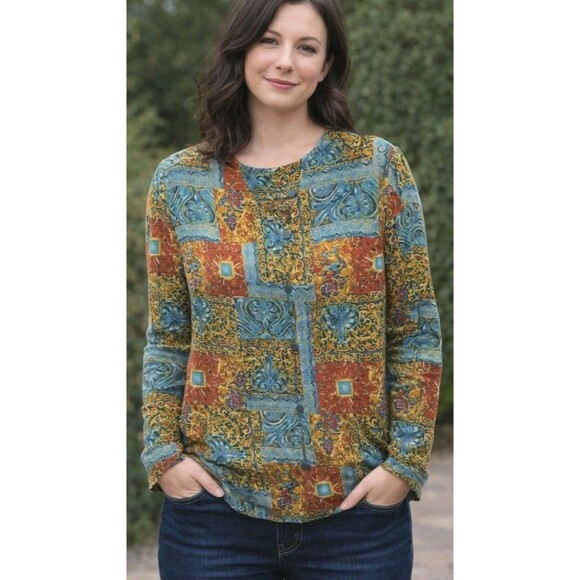 Adrianna Papell Tops - ADRIANNA PAPELL Women 12 100% SILK Patchwork Print Vintage Style Long Sleeve Top
